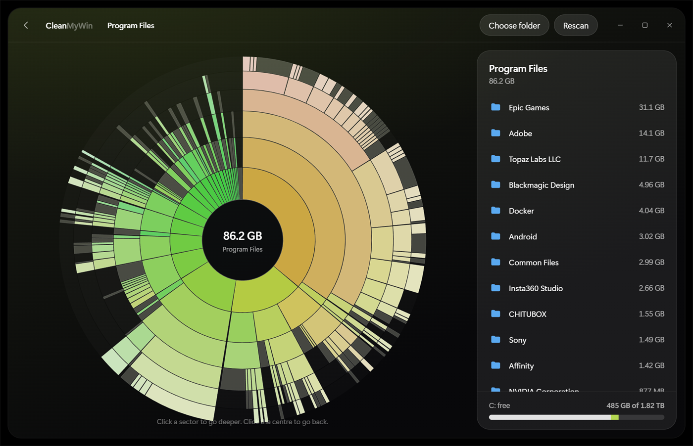 CleanMyWin window: sunburst map of a drive and the folder list